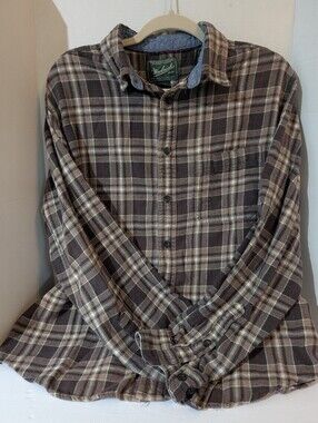 Woolrich Men's Brown and Cream Plaid Red Stripe Button-Down Shirt, Sz L